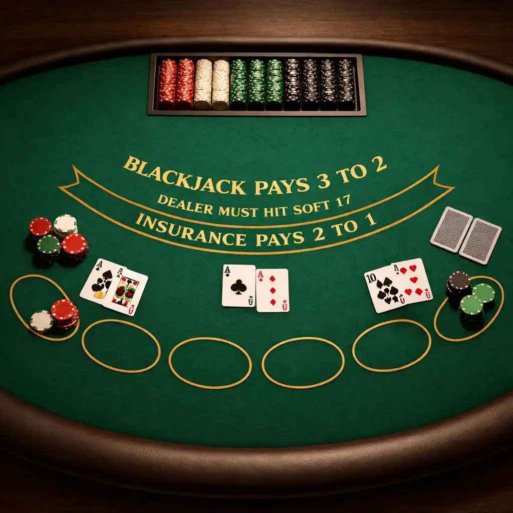 Stół do blackjacka z półokrągłym układem, kartami i żetonami