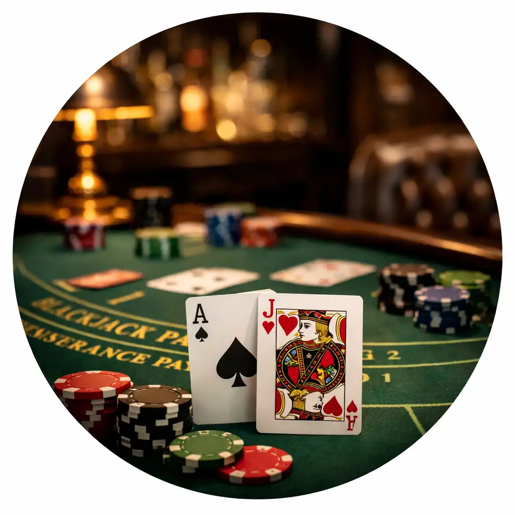 Stół do blackjacka z kartami i żetonami w eleganckim wnętrzu restauracji Table and Plate