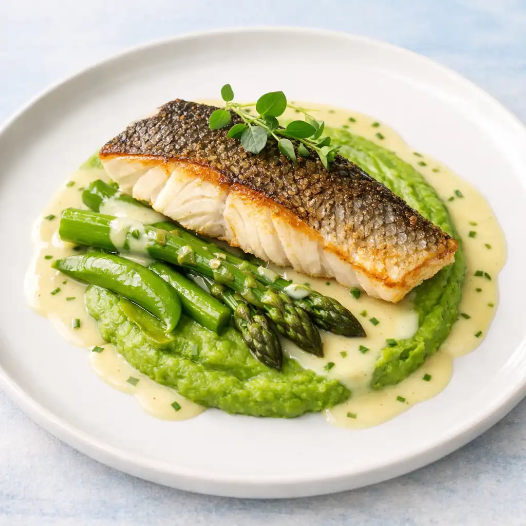 Filet z sandacza z puree z groszku i beurre blanc