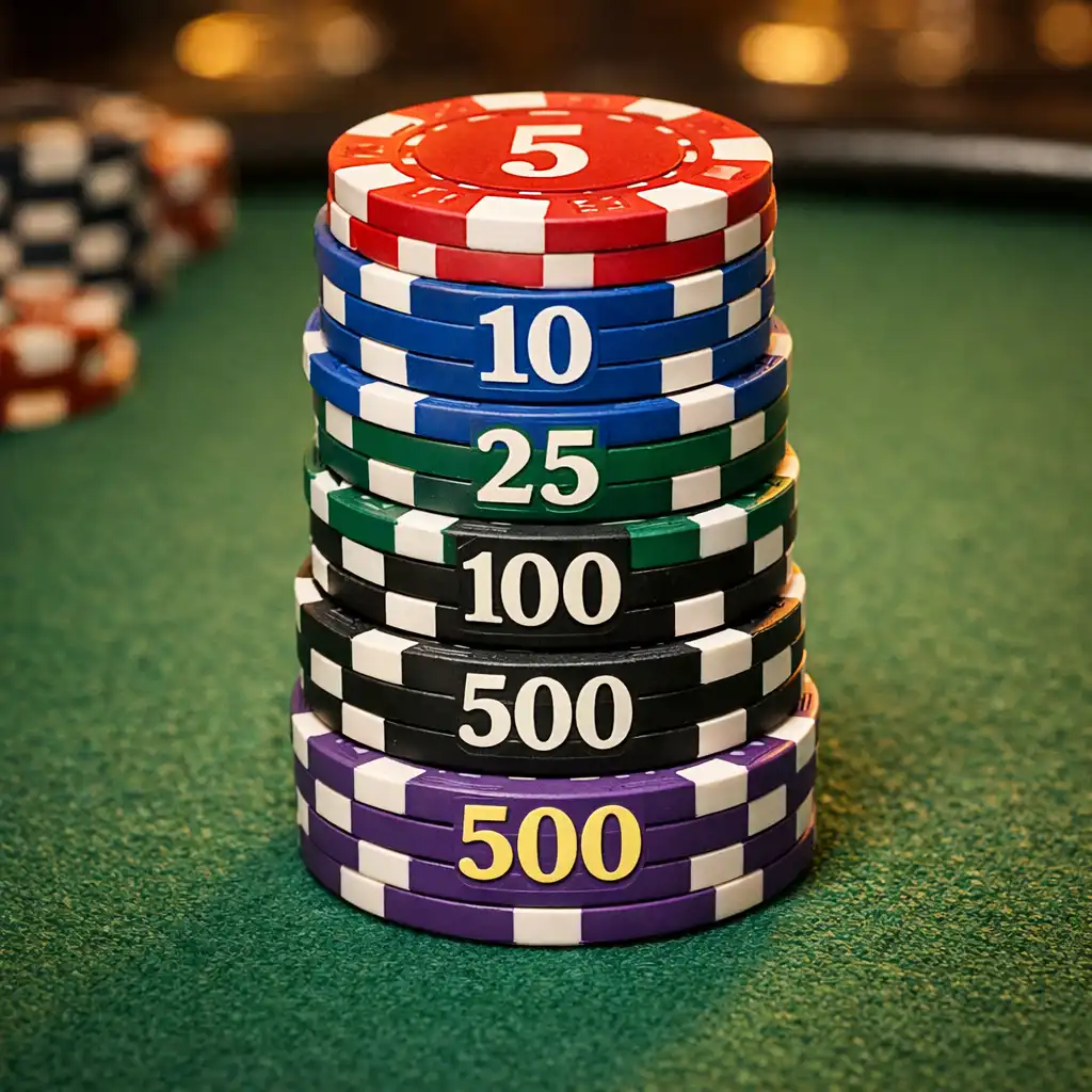 Stos żetonów ceramicznych w różnych kolorach na stole pokerowym