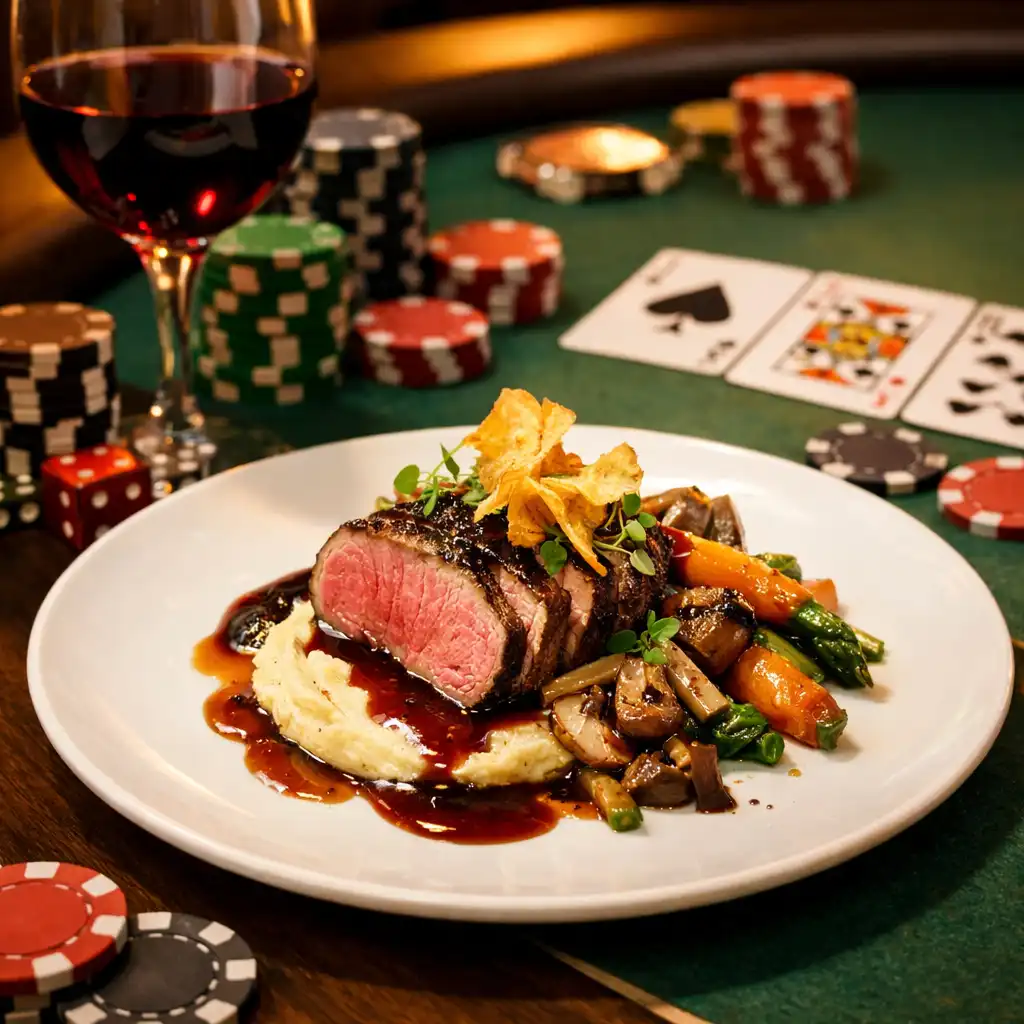 Eleganckie danie restauracyjne na talerzu obok stołu pokerowego