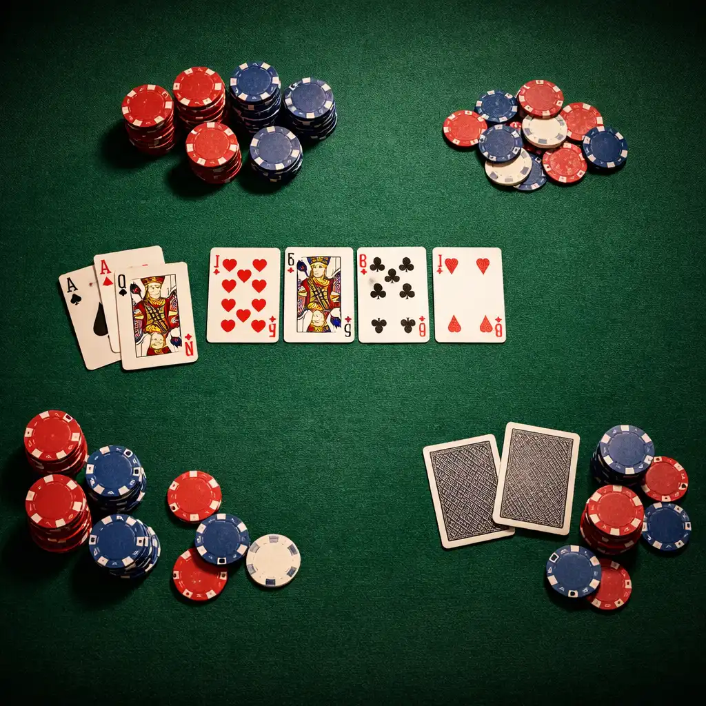 Stół pokerowy z zielonym suknem, kartami i żetonami