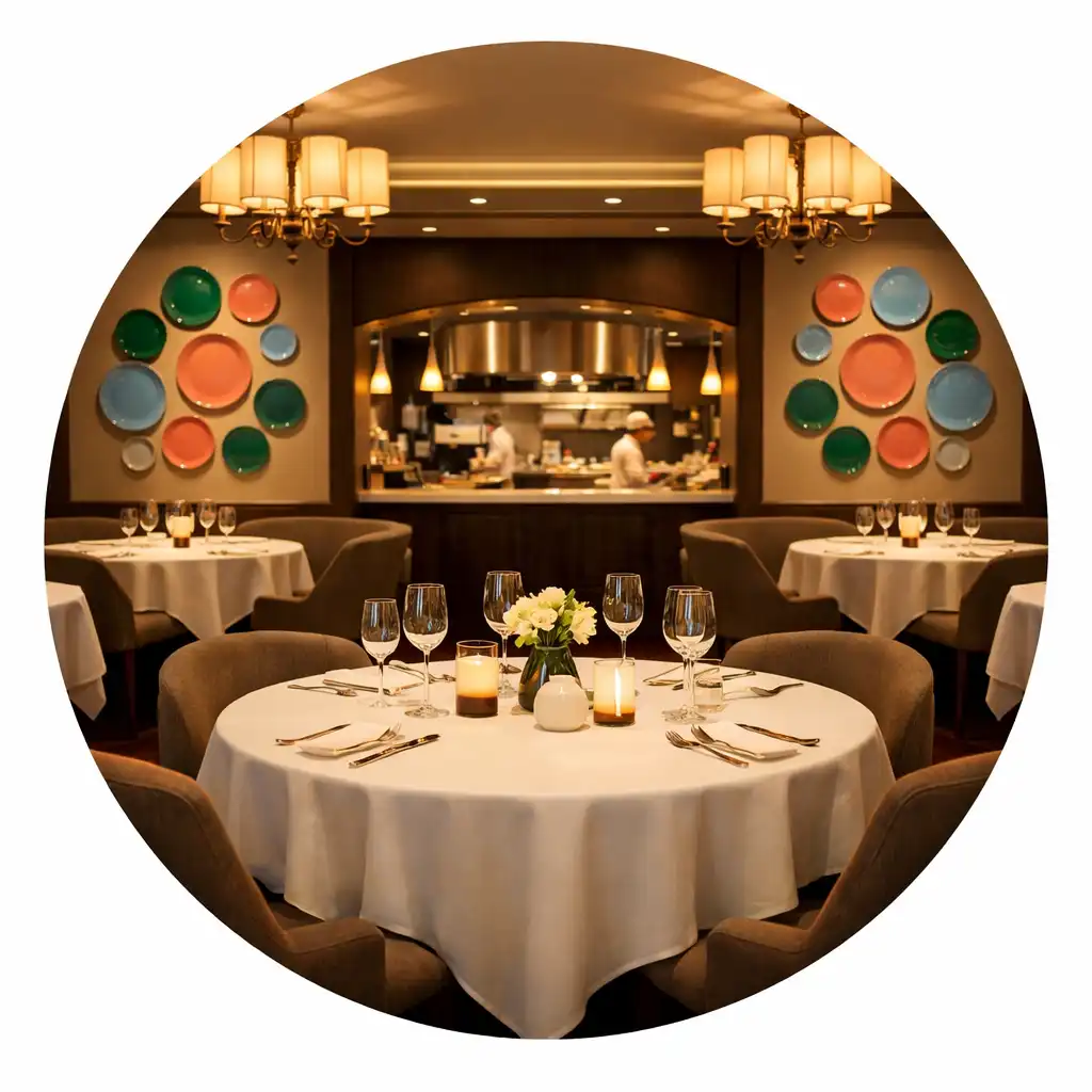 Eleganckie wnętrze restauracji Table and Plate z okrągłymi stołami i dekoracyjnymi talerzami