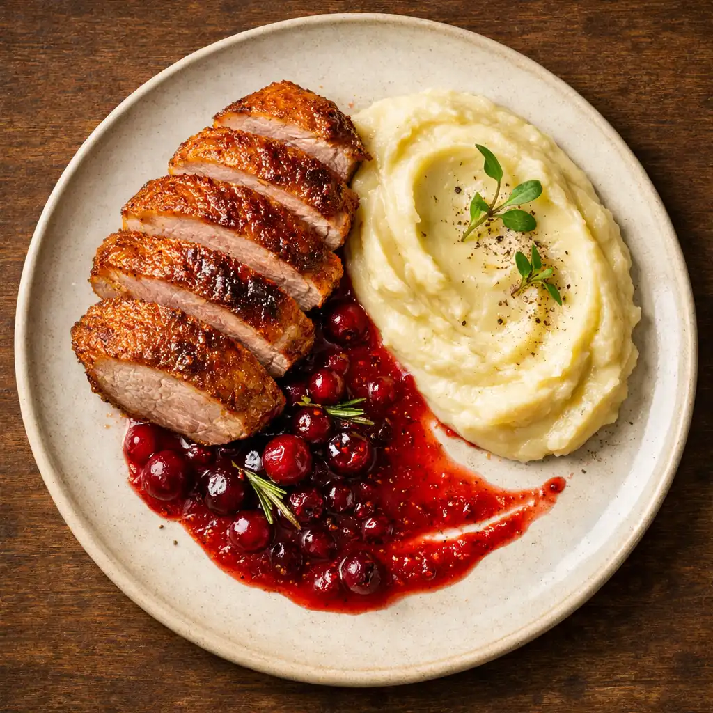 Pieczona pierś z kaczki z sosem żurawinowym i puree z selera