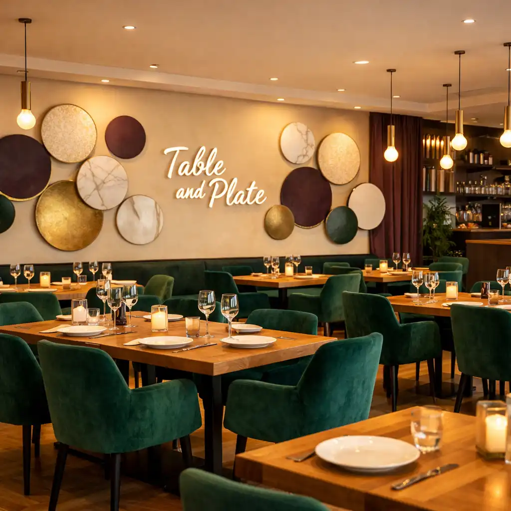 Nowoczesne wnętrze restauracji Table and Plate z drewnianymi stołami i welurowymi krzesłami w kolorze szmaragdowym