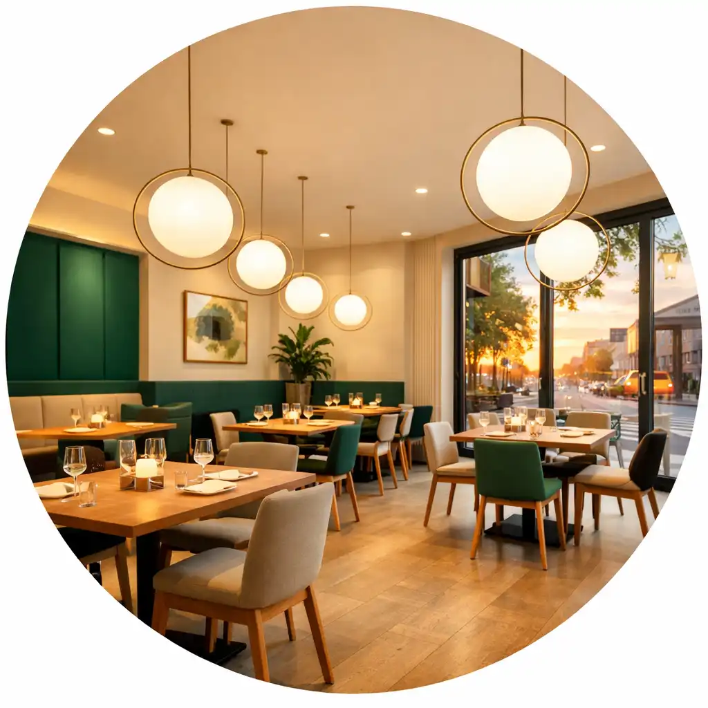 Sala główna restauracji z wysokimi sufitami i dużymi oknami