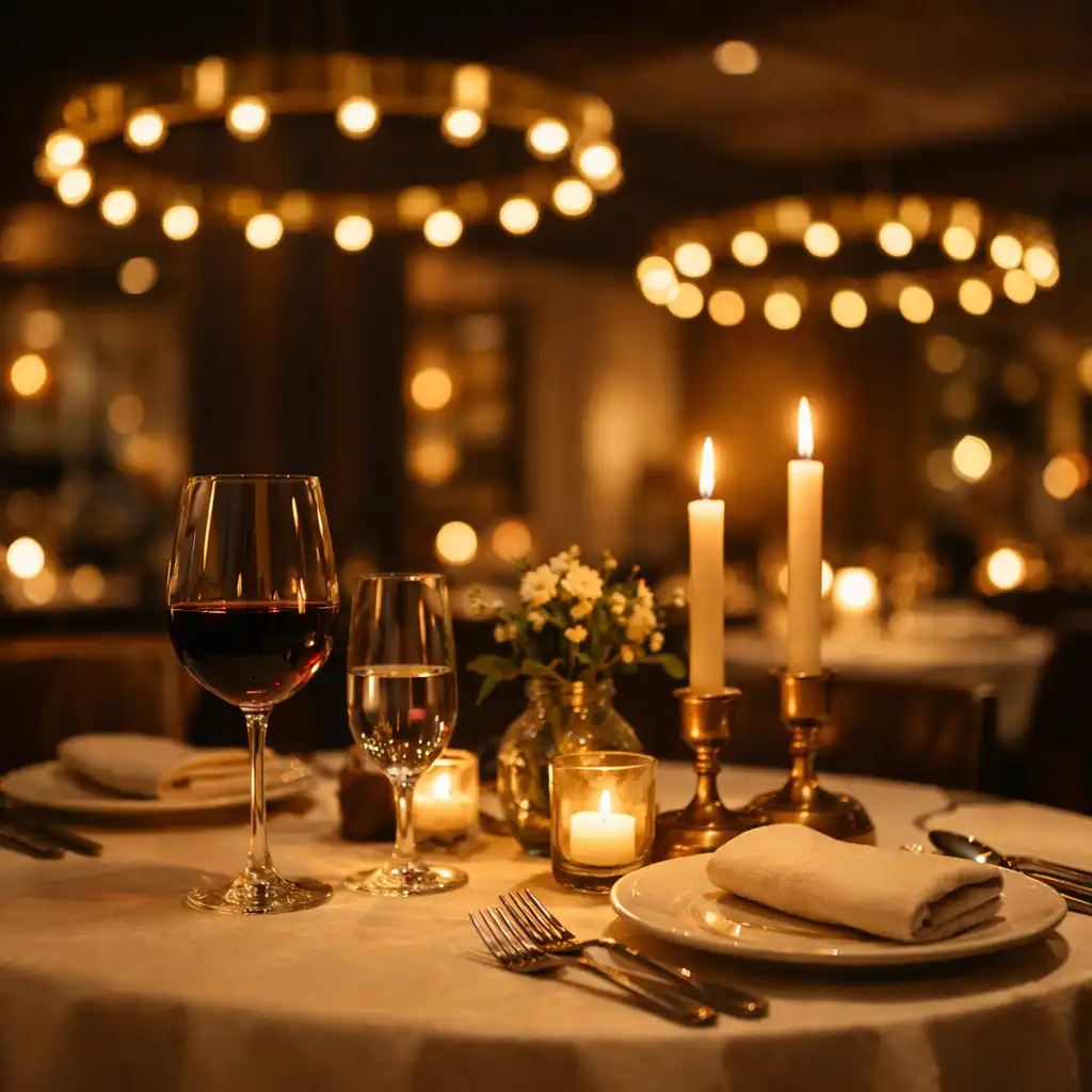 Wieczorna atmosfera w restauracji Table and Plate z nakrytym stolikiem i zapalonymi świecami